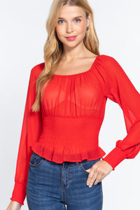 Long Slv Smocked Chiffon Top