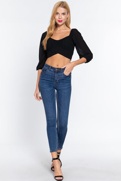 3/4 Slv Crop Woven Top