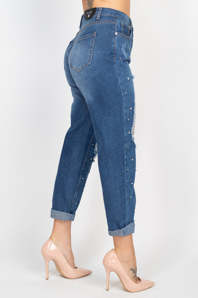 Rhinestones Ripped-front Denim Jeans