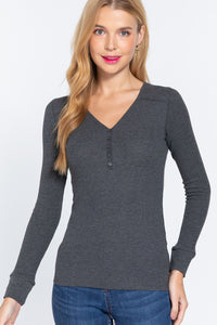 Long Slv V-neck Placket Thermal Top