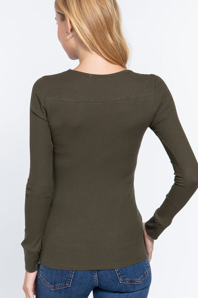 Long Slv V-neck Placket Thermal Top