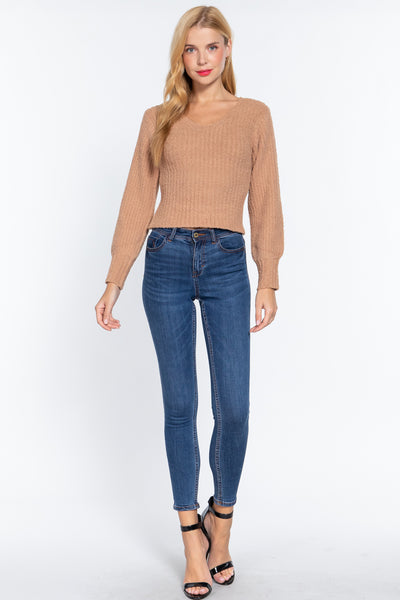 Long Puff Slv V-neck Rib Sweater