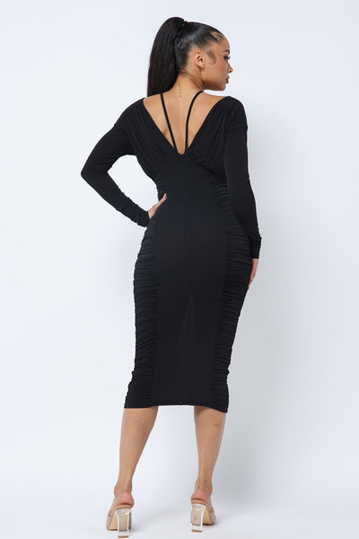 Long Sleeve Midi Dress With Low V Neck Front And Back With Ruching On Sides And Chest