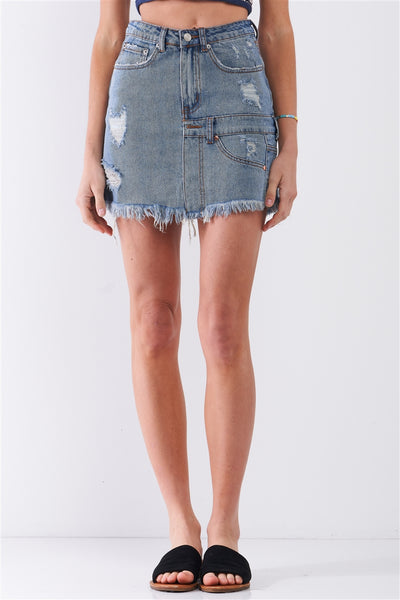 Medium Blue Denim High-waist Distressed Effect Asymmetrical Trim Raw Hem Detail Mini Skirt