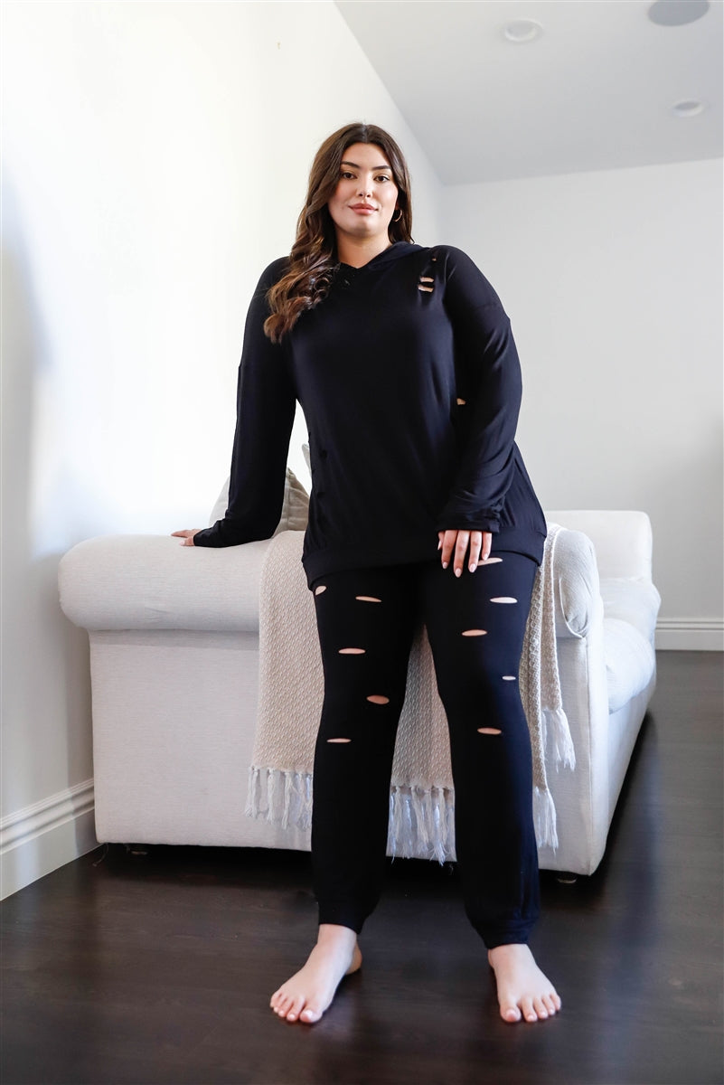 Plus Black Distressed Hooded Long Sleeve Top & Pants Set