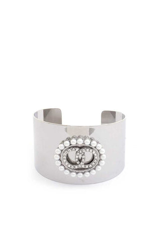 Double Link Rhinestone Pearl Metal Cuff Bracelet