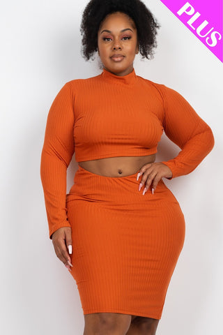 Plus Size Ribbed Mock Neck Crop Top & Midi Skirt Set