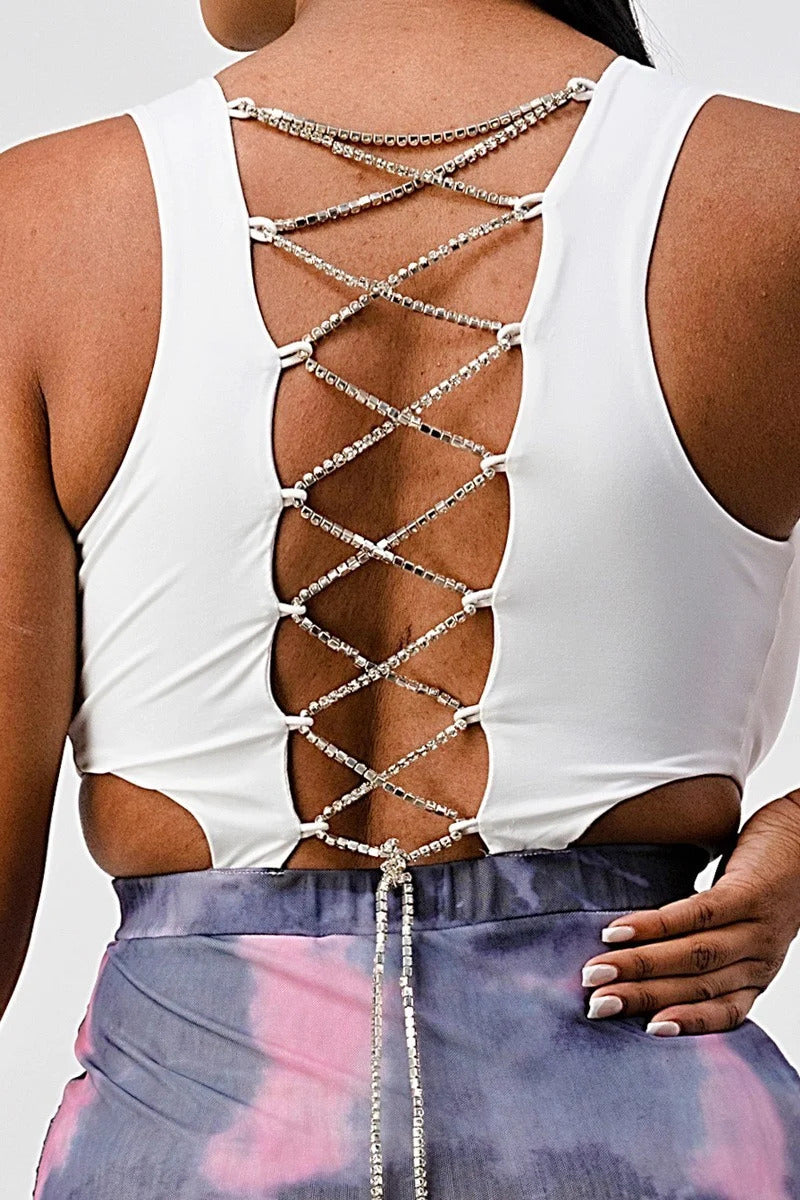 White Sleeveless Top With Detachable Rhinestone Cross Open Back