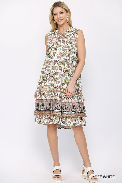 Paisley Print And Drop Down Sleeveless Dress With Ruffle Tiered And Tassel Tie