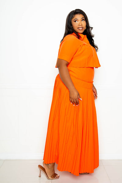 Pleated Cropped Shirt And Maxi Skirt Set