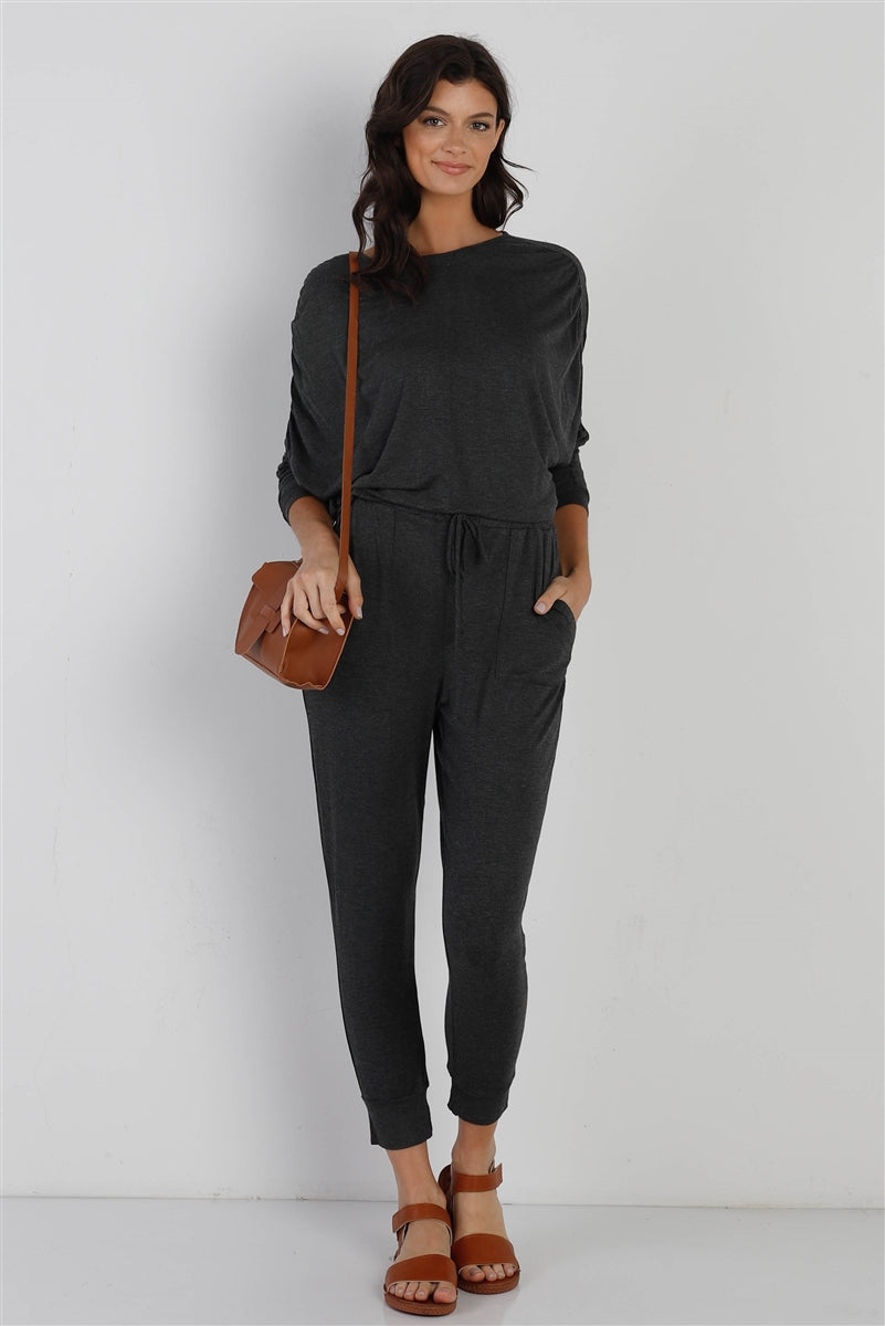 Ruched Detail Dolman Midi Sleeve Fitted Waistline Jumpsuit