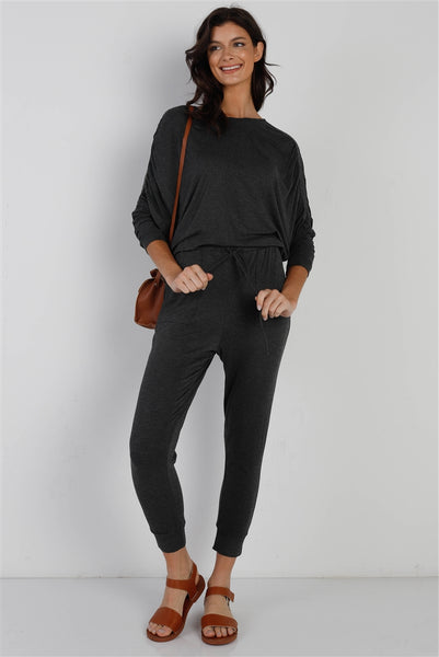 Ruched Detail Dolman Midi Sleeve Fitted Waistline Jumpsuit