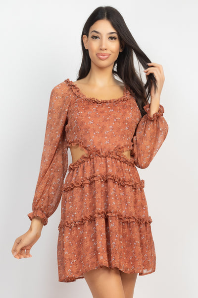 Ruffled Cutout Ditsy Floral Dress