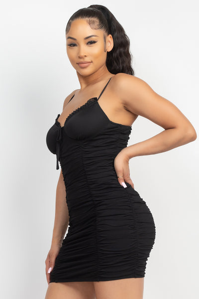 Shirred Bodycon Ruffled Trim Dress