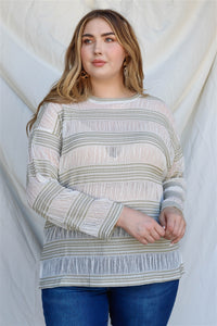 Plus Crochet Stripe Long Sleeve Semi-sheer Top