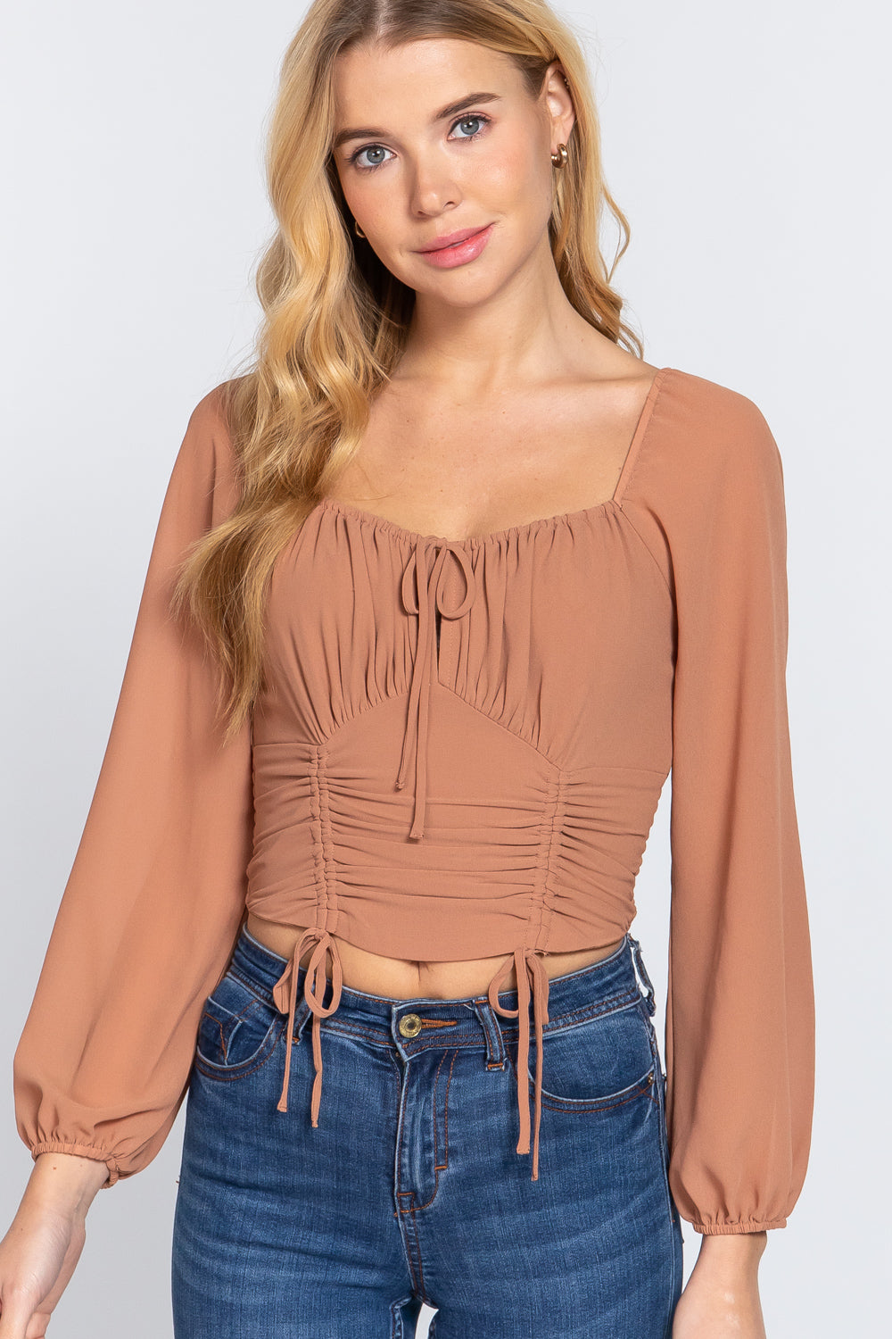 Long Sleeve Front Tied Ruched Detail Woven Top