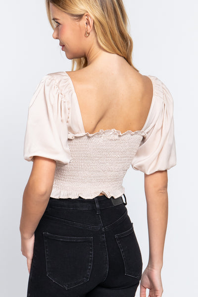 Elbow Sleeve Straight Neck Smocking W/ruffle Detail Woven Top