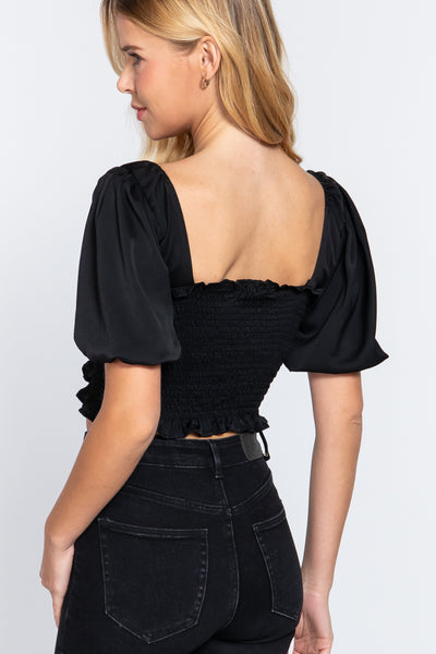 Elbow Sleeve Straight Neck Smocking W/ruffle Detail Woven Top