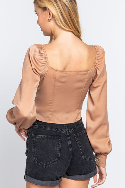 Long Sleeve Sweetheart Neck Front Ribbon Tie Detail Woven Top