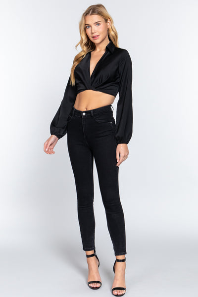 Long Sleeve Notched Collar Front Twisted Detail Crop Woven Top