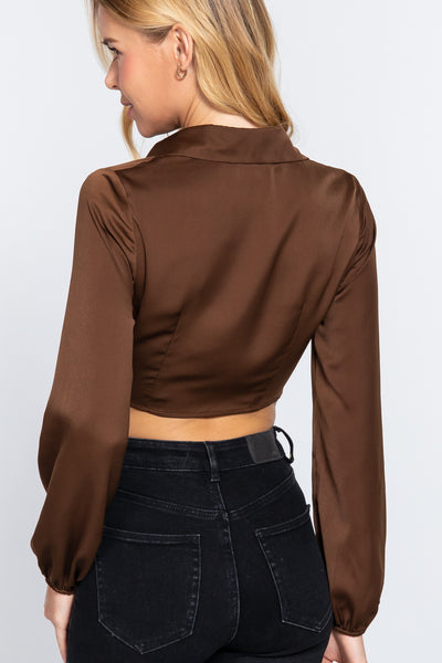 Long Sleeve Notched Collar Front Twisted Detail Crop Woven Top