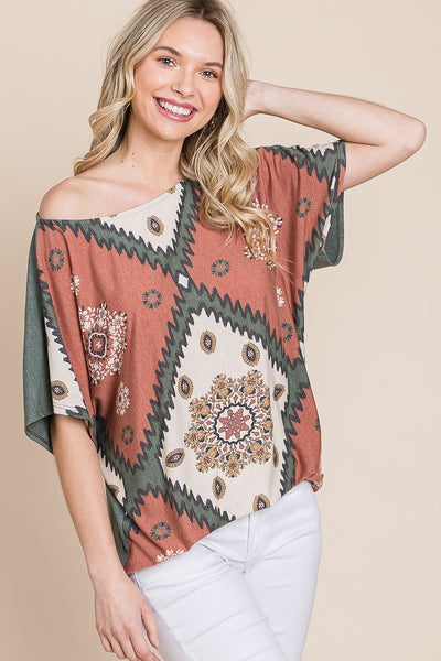 Floral Chevron Printed Off Shoulder Dolman Sleeves Top