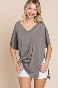 Solid V Neck Casual And Basic Top With Short Dolman Sleeves And Side Slit Hem