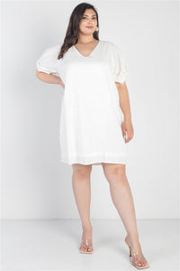 Plus White Bow Detail Short Sleeve V-neck Mini Dress