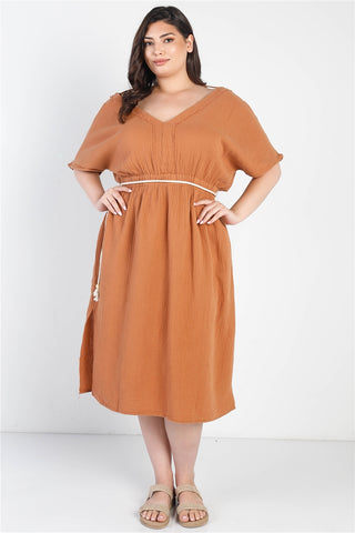 Plus Sand Textured Trim V-neck Belted Midi Dress