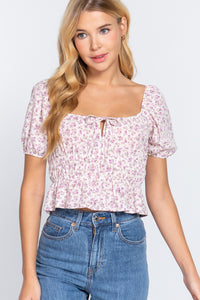 Short Slv Shirring Print Woven Top