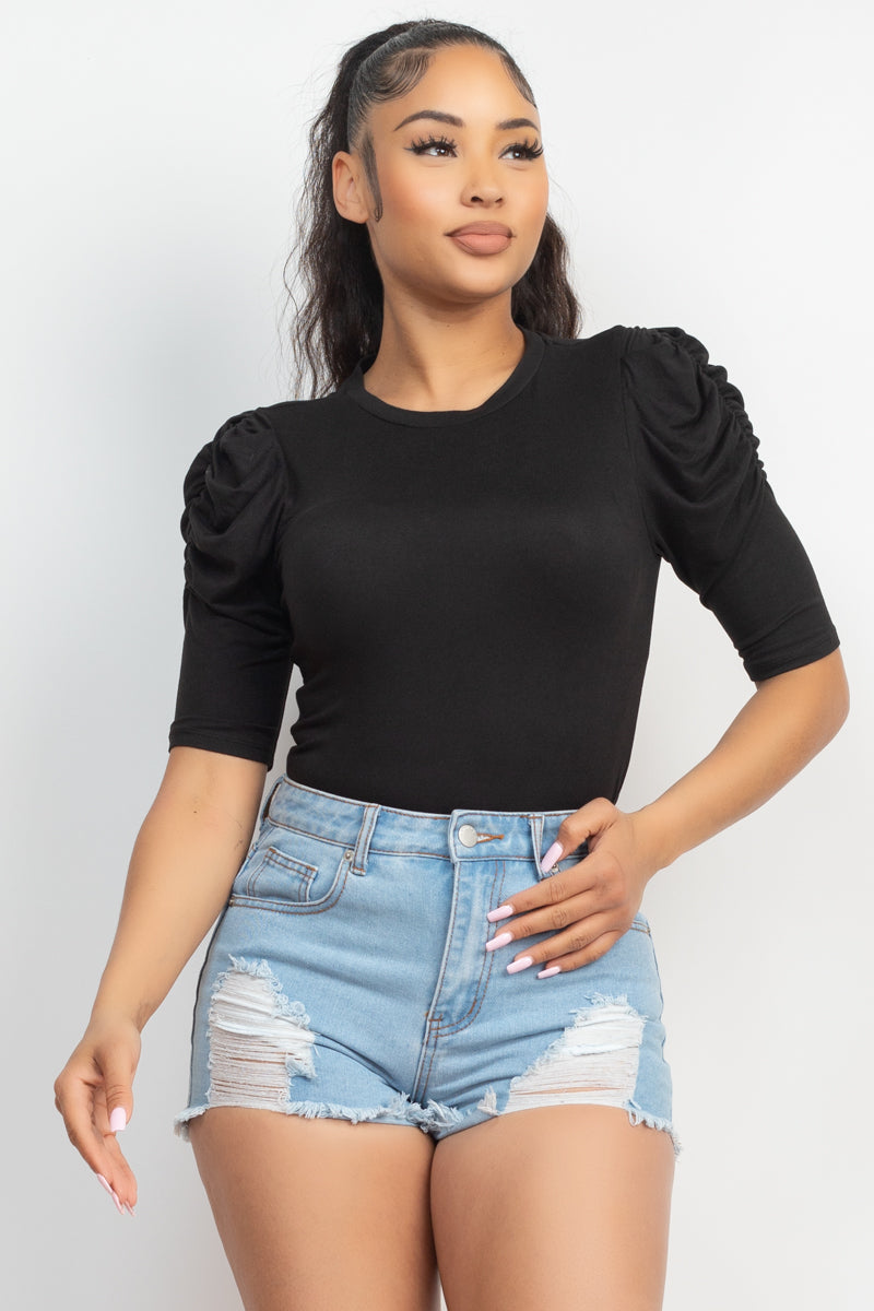 Round Neck Puff Ruched Sleeve Top