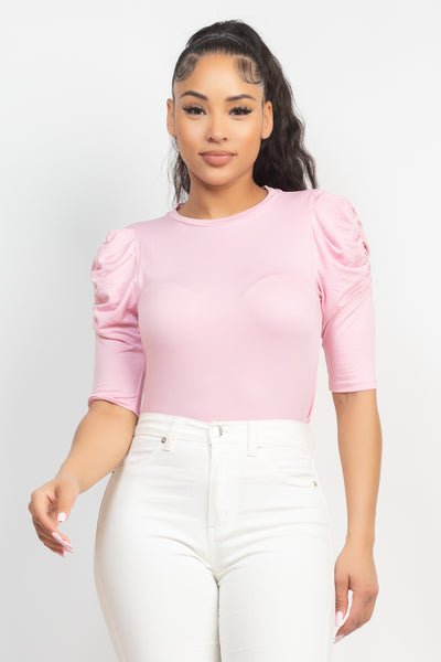 Round Neck Puff Ruched Sleeve Top