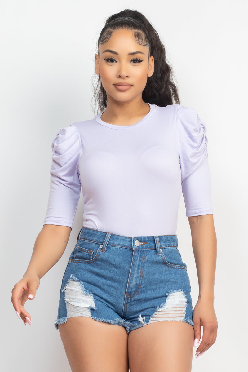 Round Neck Puff Ruched Sleeve Top