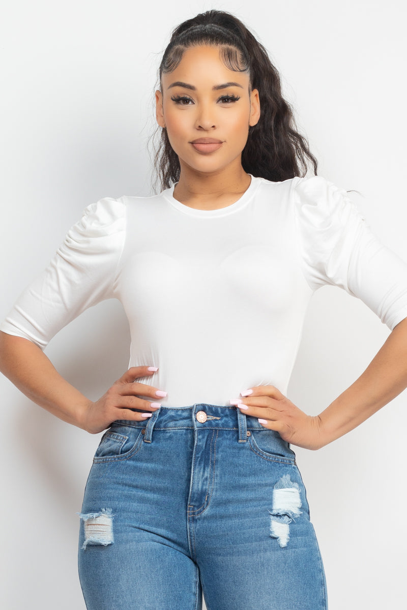 Round Neck Puff Ruched Sleeve Top