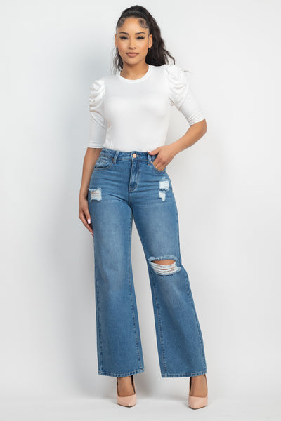 Round Neck Puff Ruched Sleeve Top