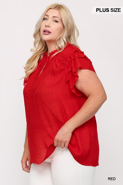 Triple Ruffle Sleeve V-neck Top With Front Tie