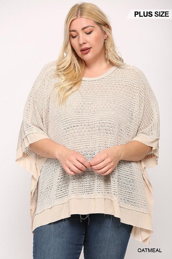 Light Knit And Woven Mixed Boxy Top With Poncho Sleeve