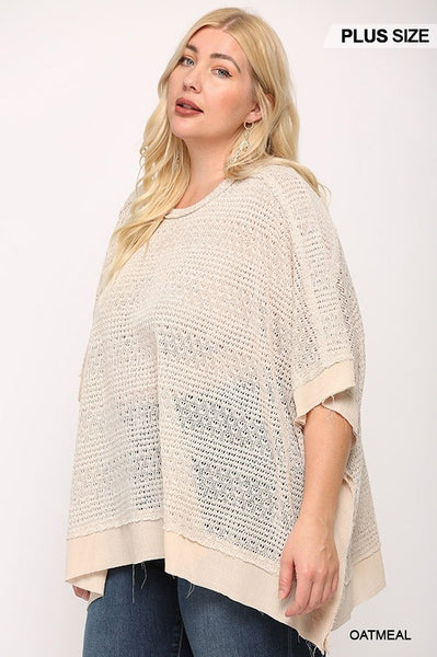 Light Knit And Woven Mixed Boxy Top With Poncho Sleeve