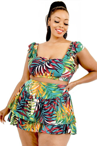 Plus Hot Summer Leaf Print 2 Piece Skirt Set