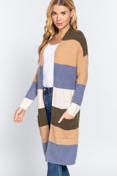 Open Front Color Block Cardigan