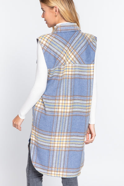 Notched Collar Brushed Plaid Vest