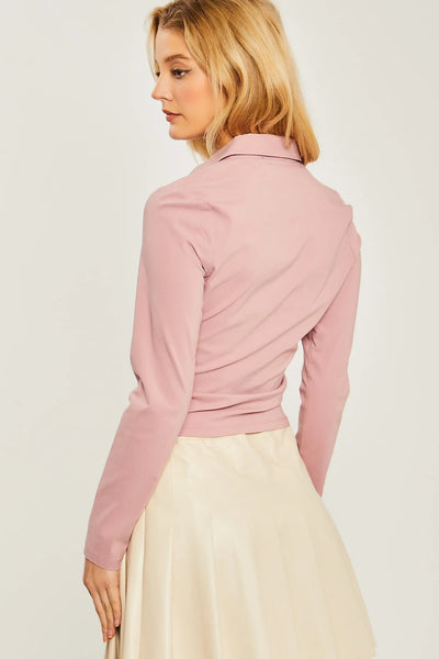 Woven Solid Ruched Front Long Sleeve