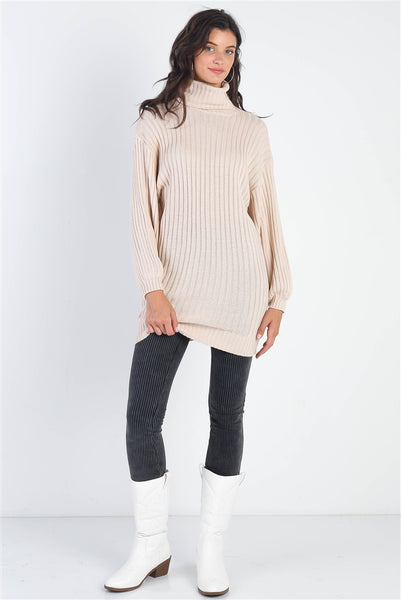 Ecru Cotton Blend Knit Ribbed Turtle Neck Sweater