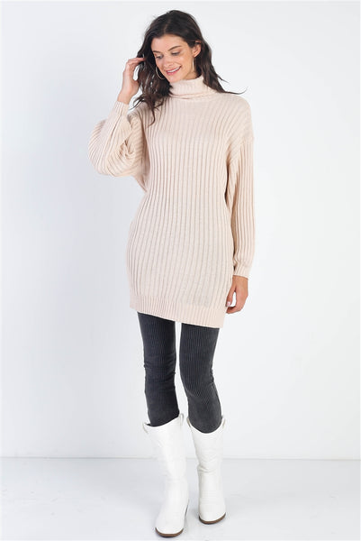 Ecru Cotton Blend Knit Ribbed Turtle Neck Sweater