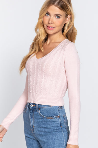 Long Sleeve V-neck Cable Sweater