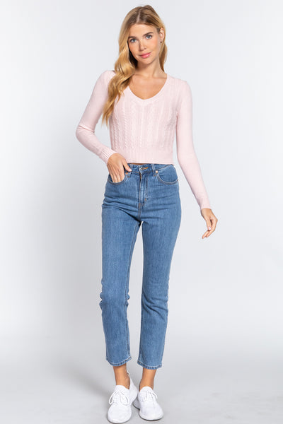 Long Sleeve V-neck Cable Sweater