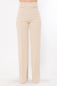 High Waist Pants With Self Fabric Buckle Detail On The Waist