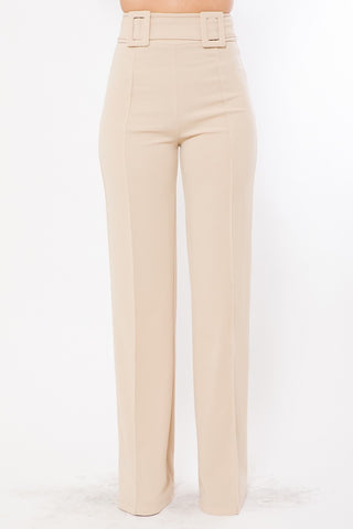 High Waist Pants With Self Fabric Buckle Detail On The Waist