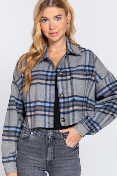 Wool Plaid Oversized Crop Jacket