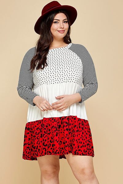 Plus Size Cute Polka Dot And Animal Print Contrast Swing Tiered Dress